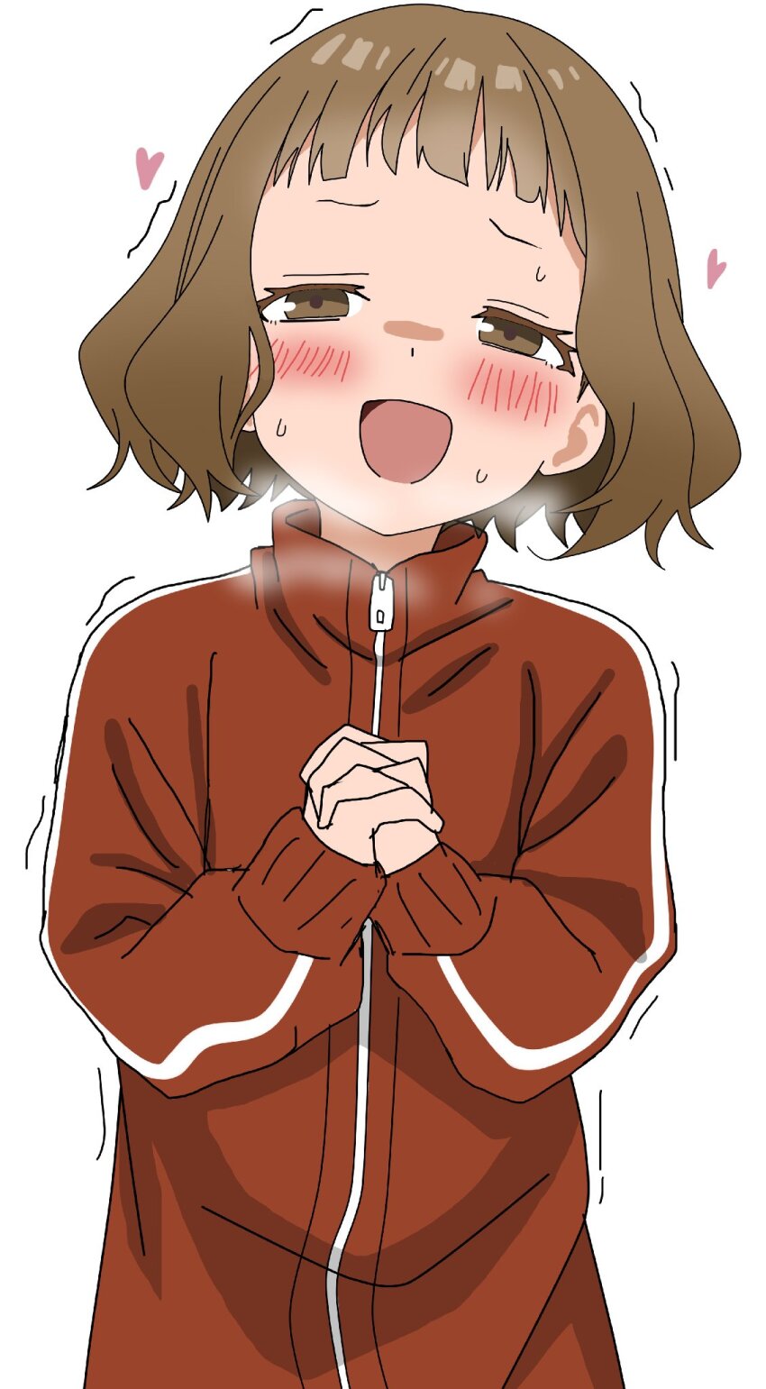 1girl blush brown_eyes brown_hair commentary_request heart highres himemiya_yuki interlocked_fingers jacket long_sleeves looking_at_viewer manemane_nichinichi open_mouth own_hands_together red_jacket riokasen short_hair simple_background smile solo sweat track_jacket track_suit trembling upper_body white_background