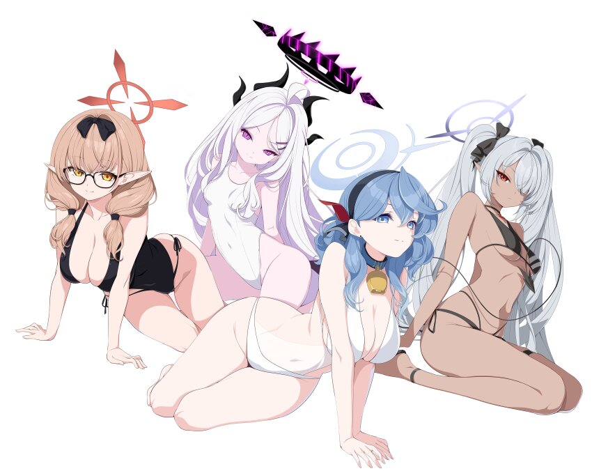 4girls absurdres ako_(blue_archive) alternate_costume arm_support bare_arms bare_legs bare_shoulders bell bikini black-framed_eyewear black_bow black_choker black_one-piece_swimsuit black_sandals blue_archive blue_collar blue_eyes blue_hair bow breasts brown_hair chinatsu_(blue_archive) choker cleavage closed_mouth collar collarbone commentary_request covered_navel cowbell dark-skinned_female dark_skin demon_girl demon_tail dutch_angle earrings full_body glasses grey_hair groin hair_between_eyes hair_bow hair_ornament hair_over_one_eye hairclip halo highleg highleg_bikini highres hina_(blue_archive) horns iori_(blue_archive) iori_(swimsuit)_(blue_archive) jewelry koflif large_breasts legs light_smile long_hair looking_at_viewer medium_breasts medium_hair multiple_girls navel neck_bell official_alternate_costume one-piece_swimsuit parted_bangs pointy_ears purple_eyes purple_halo purple_wings red_eyes reflection sandals seiza sideboob simple_background sitting skindentation small_breasts smile stomach string_bikini stud_earrings swimsuit tail thighs toes tsurime twintails very_long_hair wariza white_background white_bikini white_one-piece_swimsuit wings yellow_eyes