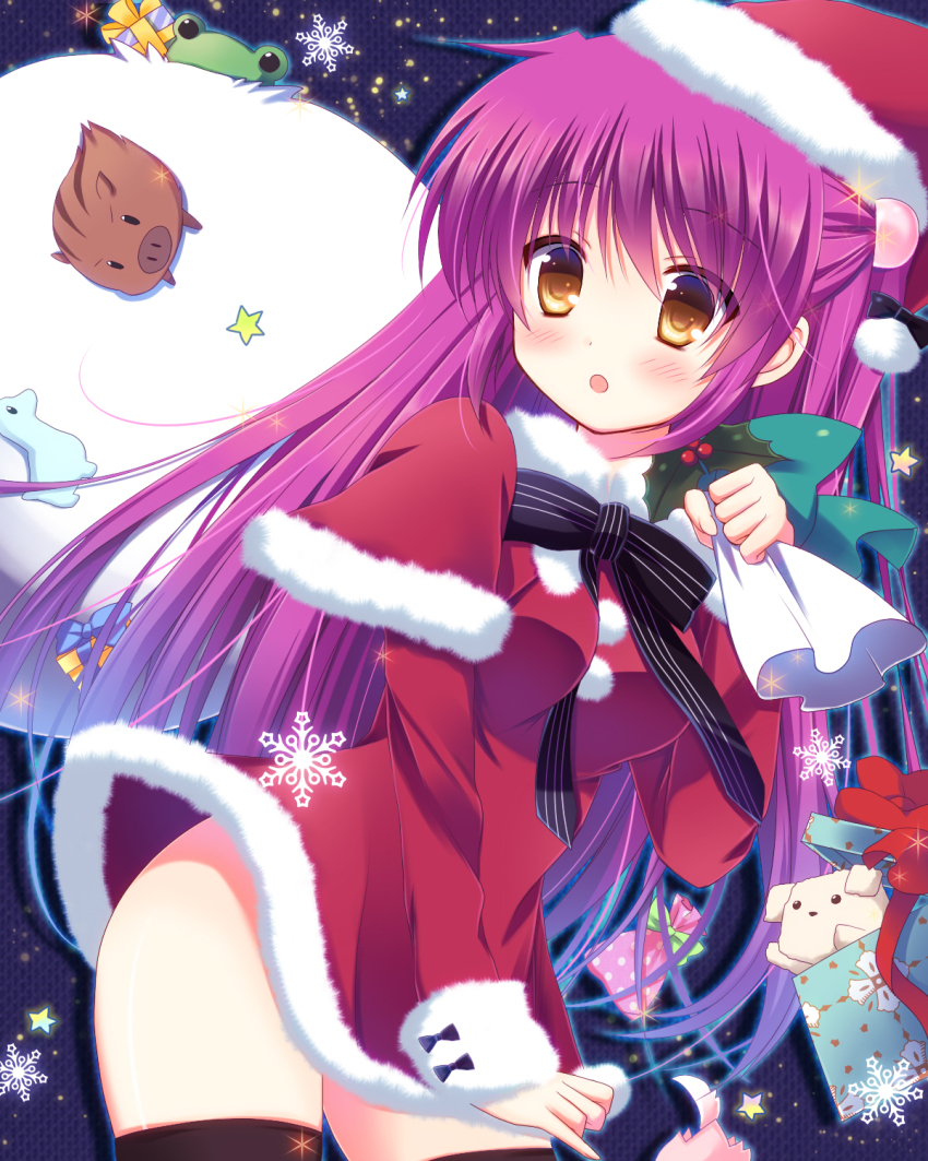 1girl air_(visual_novel) black_thighhighs botan_(clannad) brown_eyes capelet christmas clannad commentary_request company_connection dinosaur dog dress fur-trimmed_capelet fur-trimmed_dress fur-trimmed_headwear fur_trim futaki_kanata gift hat highres kanon keropii little_busters! long_hair pokopi potato_(air) purple_hair red_capelet red_dress red_headwear sack santa_costume santa_hat side_ponytail snowflakes thighhighs two_side_up