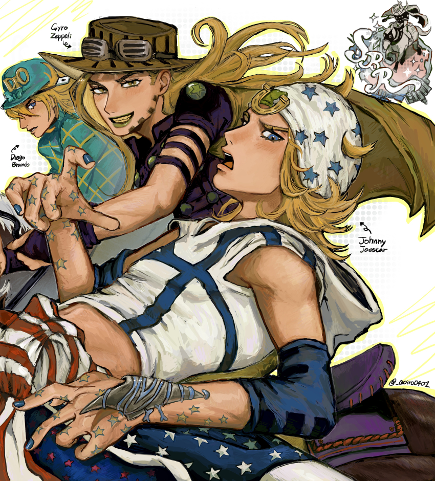 3boys absurdres aoiro0401 argyle_clothes argyle_sweater beanie blonde_hair blue_eyes cape diego_brando facial_hair goggles goggles_on_headwear gold_teeth green_lips grills gyro_zeppeli hat highres horse horseshoe horseshoe_hat_ornament horseshoe_ornament johnny_joestar jojo_no_kimyou_na_bouken lipstick long_hair makeup male_focus multiple_boys star_(symbol) star_print steel_ball_run sweater turtleneck
