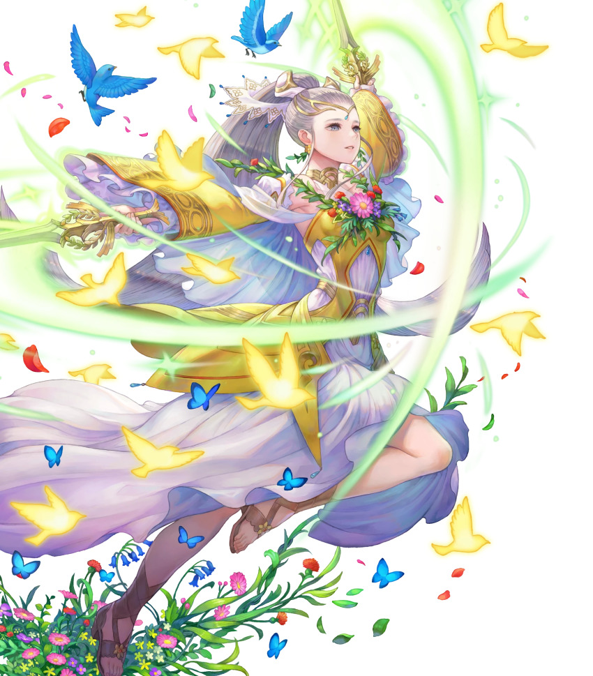 1girl animal bird blue_butterfly blue_eyes breasts bug butterfly comic covered_collarbone dagger detached_sleeves dress earrings eir_(fire_emblem) eir_(life_ascendant)_(fire_emblem) feet female_focus fire_emblem fire_emblem_heroes flower flower_earrings frills full_body gold_trim grey_hair hair_ornament highres holding holding_dagger holding_knife holding_weapon insect jewelry knife kozaki_yuusuke long_dress long_hair medium_breasts nintendo non-web_source official_art ponytail sandals see-through_clothes solo tiara toes transparent_background weapon wide_sleeves