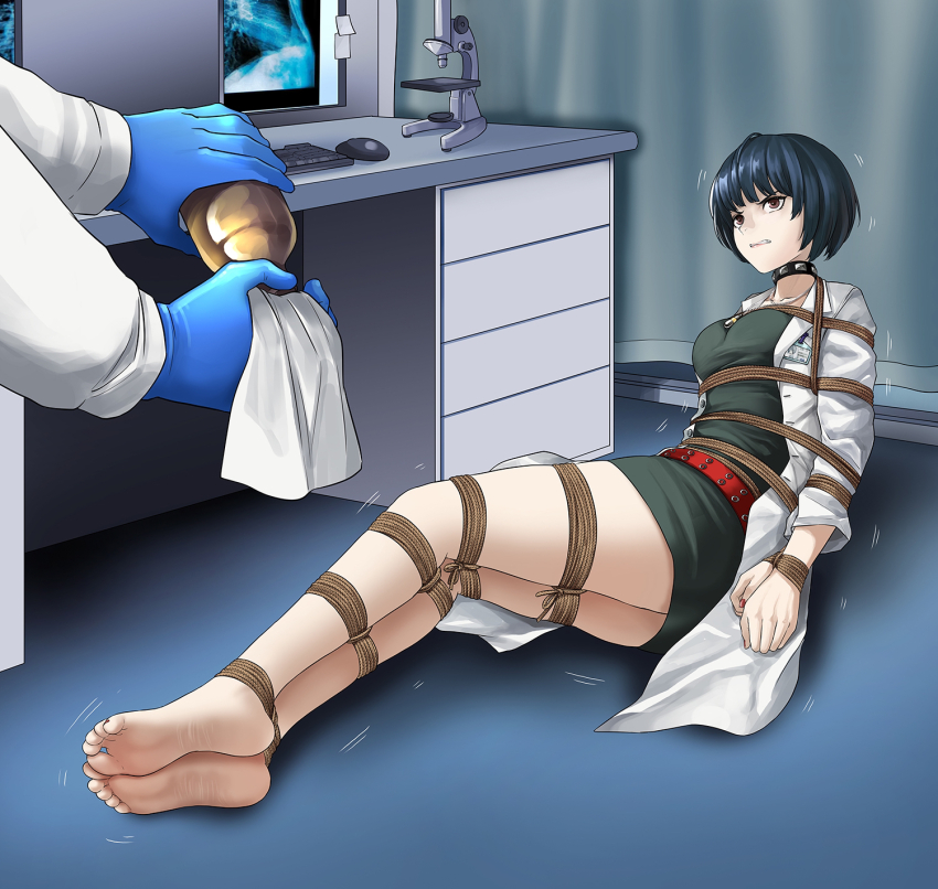 1girl arms_behind_back barefoot bdsm belt blue_hair bondage bound bound_ankles bound_arms bound_legs bound_wrists breasts brown_eyes choker coat dress green_dress highres legs nurse on_floor persona persona_5 skirt struggling takemi_tae thighs white_coat yanx5