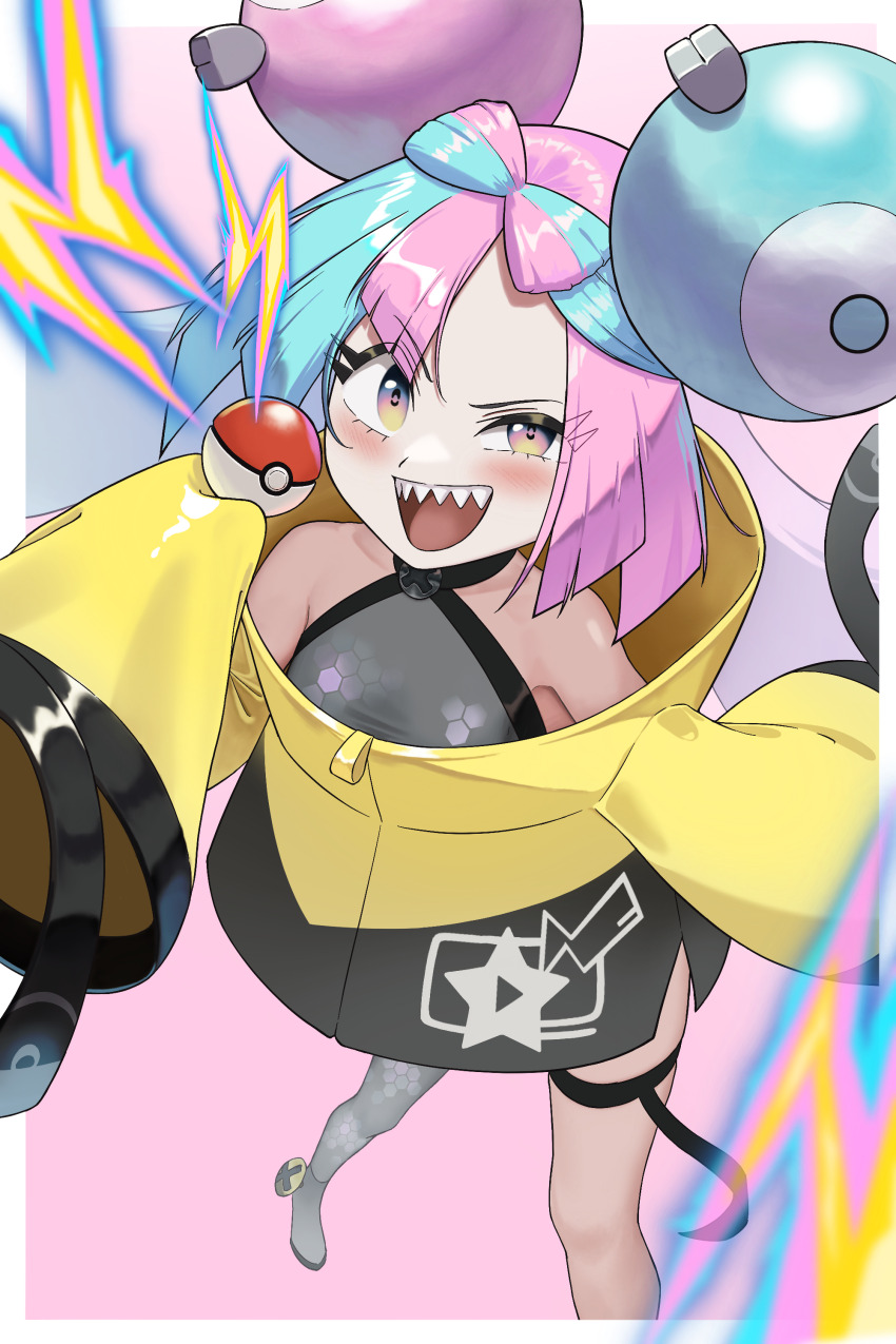 1girl absurdres blue_hair blush boots bow-shaped_hair breasts character_hair_ornament cupt3277 fake_hair_bun from_above gen_1_pokemon grey_boots grey_pantyhose hair_ornament half-closed_eye halter_shirt halterneck hand_up hexagon_print highres holding holding_poke_ball iono_(pokemon) jacket long_hair magnemite medium_breasts multicolored_hair nintendo open_mouth pantyhose pink_hair poke_ball poke_ball_(basic) pokemon pokemon_sv sharp_teeth single_leg_pantyhose sleeves_past_fingers sleeves_past_wrists smile solo split-color_hair teeth twintails very_long_sleeves x yellow_jacket
