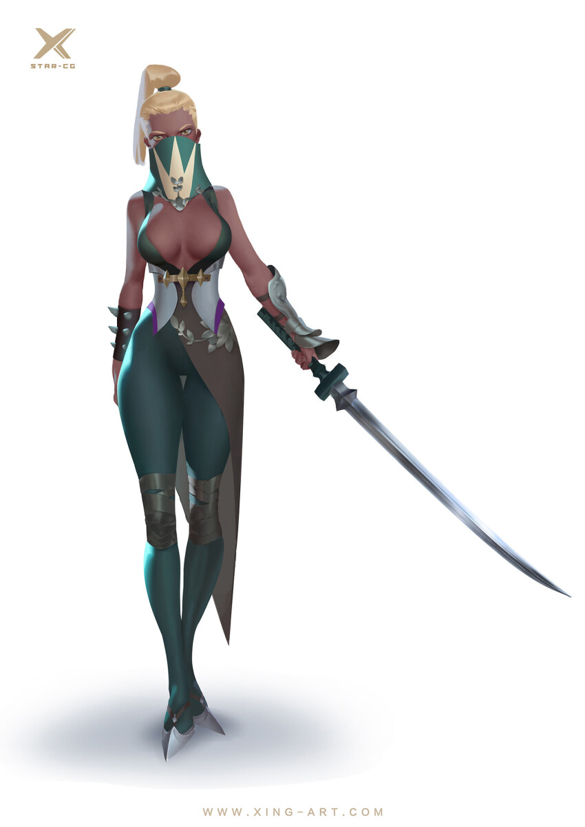 1girl aqua_bodysuit aqua_mask artist_name bare_shoulders blonde_hair bodysuit breasts cleavage covered_mouth cutlass dark-skinned_female dark_skin full_body grey_shoes high_ponytail highres holding holding_sword holding_weapon large_breasts looking_at_viewer mask mouth_mask original ponytail realistic shadow shoes short_hair simple_background single_arm_guard sleeveless sleeveless_bodysuit solo standing starlab sword thick_eyebrows watermark weapon white_background yellow_eyes