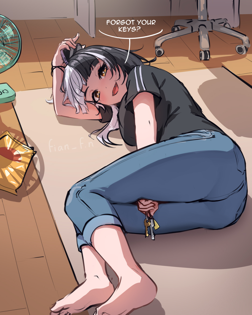 1girl barefoot black_hair black_shirt blue_pants cellphone denim electric_fan english_text fian_f.n grey_hair highres holding_keys hololive hololive_english indoors jeans key looking_at_viewer lying multicolored_hair on_floor on_side open_mouth pants phone shiori_novella shirt smartphone smile solo split-color_hair two-tone_hair virtual_youtuber wooden_floor yellow_eyes