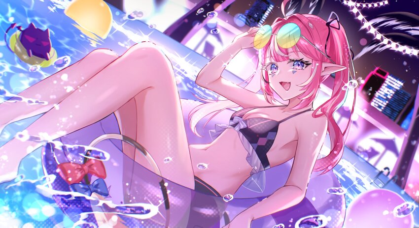 1girl absurdres adjusting_eyewear ahoge ball bikini building camila_(vtuber) chair cimp_(camila_(vtuber)) eyelashes eyewear_on_head facial_mark fang gradient-tinted_eyewear hair_intakes highres indie_virtual_youtuber long_hair looking_at_viewer multicolored_hair nano_popo02 navel night open_mouth pink_hair pool pool_ladder purple_eyes round_eyewear smile solo_focus star_(sky) stomach streaked_hair sunglasses swim_ring swimsuit tinted_eyewear twintails umbrella virtual_youtuber water water_drop white_hair