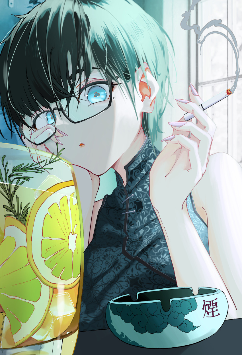 1girl absurdres ashtray black_hair blue_eyes china_dress chinese_clothes cigarette dress failan_(gnccj01) food fruit glasses hand_up highres holding holding_cigarette indoors kowloon_generic_romance kujirai_reiko lemon lemon_slice nail_polish smoke solo upper_body