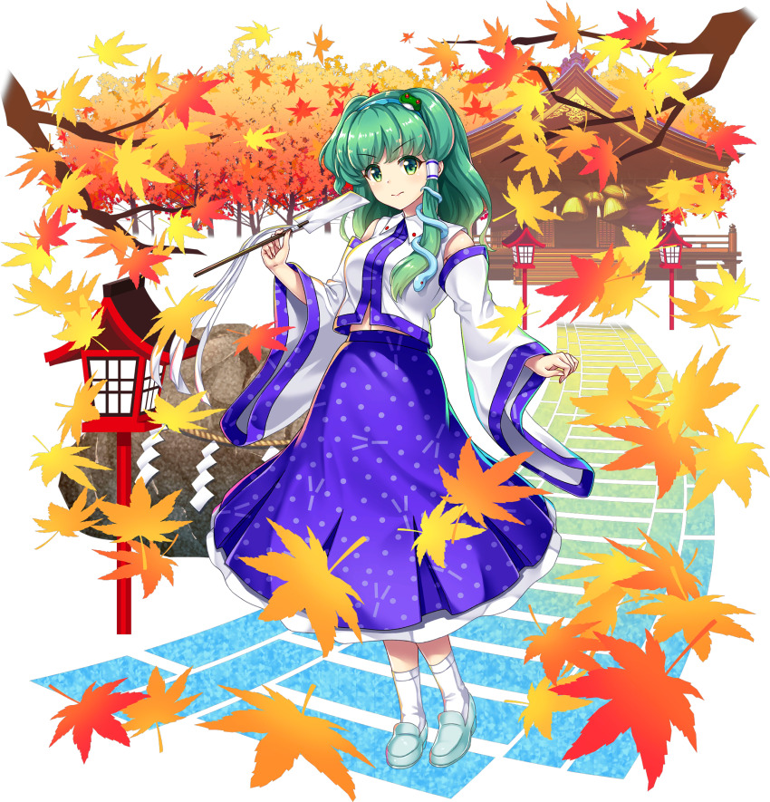 1girl autumn_leaves blue_hairband breasts closed_mouth detached_sleeves falling_leaves frog_hair_ornament full_body game_cg gohei green_eyes green_hair green_shoes hair_ornament hair_tubes hairband highres holding holding_gohei kochiya_sanae kochiya_sanae_(faith) leaf long_skirt looking_at_viewer medium_hair mountain_of_faith official_art purple_skirt rock rope rotte_(1109) shide shimenawa shirt shoes single_hair_tube skirt smile snake_hair_ornament socks solo third-party_source touhou touhou_lostword transparent_background white_shirt white_socks wide_sleeves