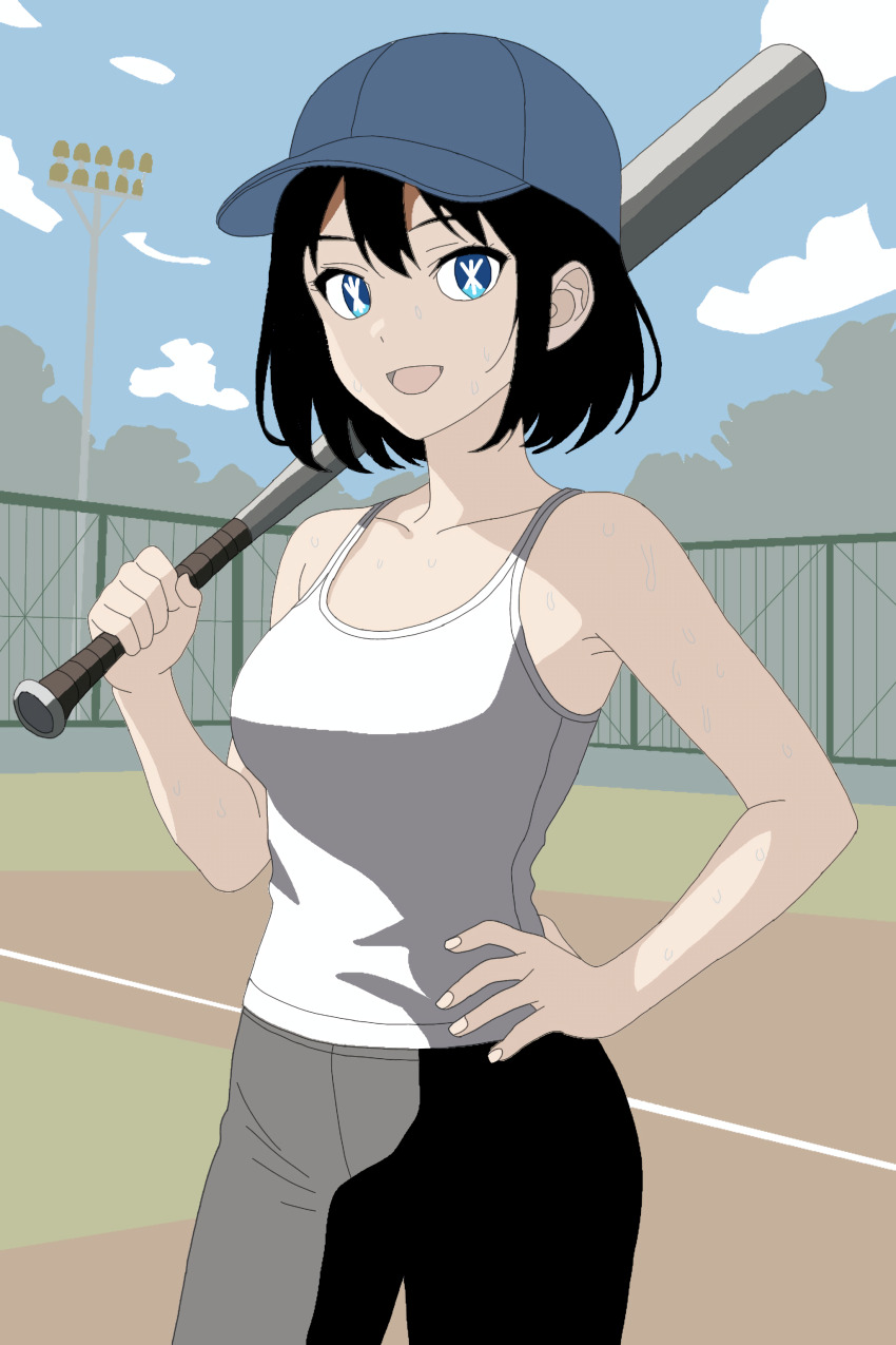 1girl absurdres baseball baseball_bat baseball_cap black_hair black_pants blue_eyes blue_sky female_focus field hands_on_own_hips happy hat highres holding holding_baseball_bat ibispaint_(medium) mogami_akari_(original) open_mouth original pants pixiv_id playing_sports sky smile solo standing star_(symbol) sweat tagme tank_top white_tank_top