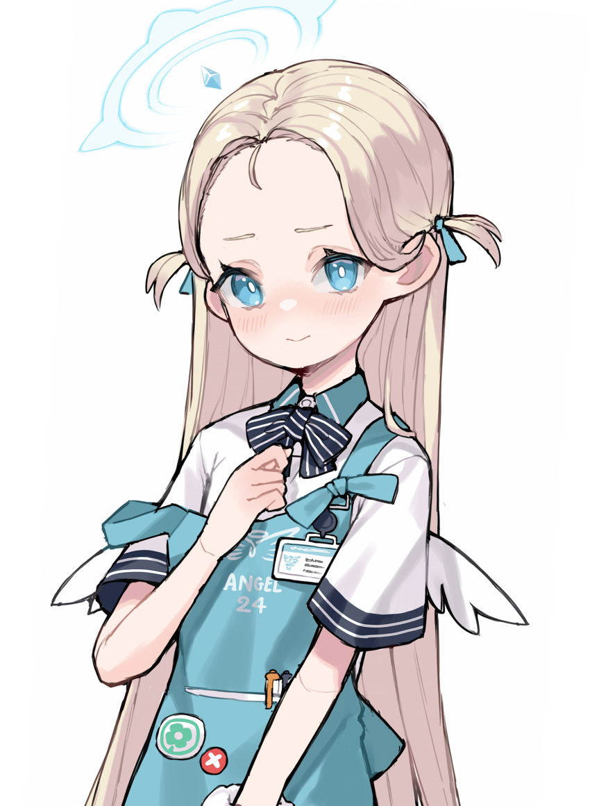 1girl absurdres apron aqua_apron aqua_eyes aqua_ribbon blonde_hair blue_archive blush bow bowtie closed_mouth forehead hair_ribbon halo highres id_card long_hair looking_at_viewer off_shoulder ribbon scarlet23i0 short_sleeves simple_background solo sora_(blue_archive) two_side_up upper_body very_long_hair white_background white_wings wings