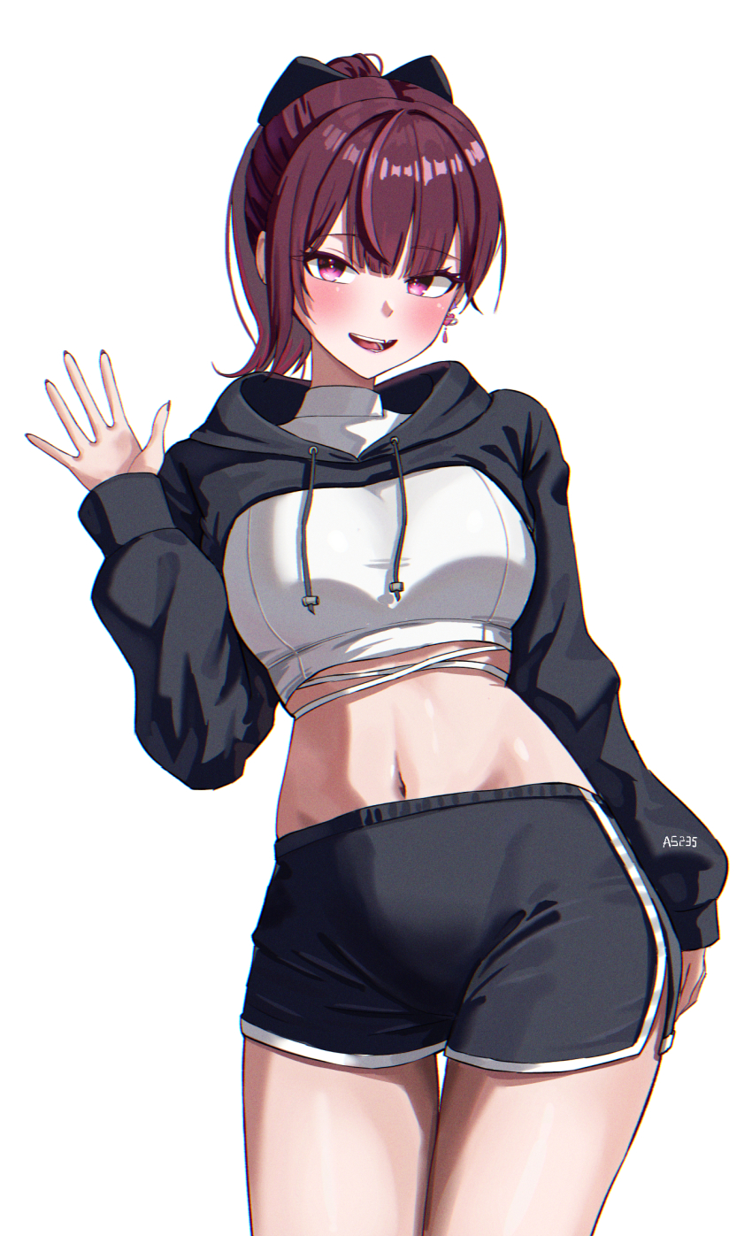 1girl a5235 black_shorts black_shrug bow breasts cowboy_shot crop_top dolphin_shorts drawstring earrings hair_bow hand_up highres hood hood_down jewelry jururu large_breasts long_hair long_sleeves looking_at_viewer midriff navel open_mouth pink_eyes ponytail purple_hair shirt short_shorts shorts shrug_(clothing) simple_background smile solo stomach thighs virtual_youtuber waktaverse white_background white_shirt