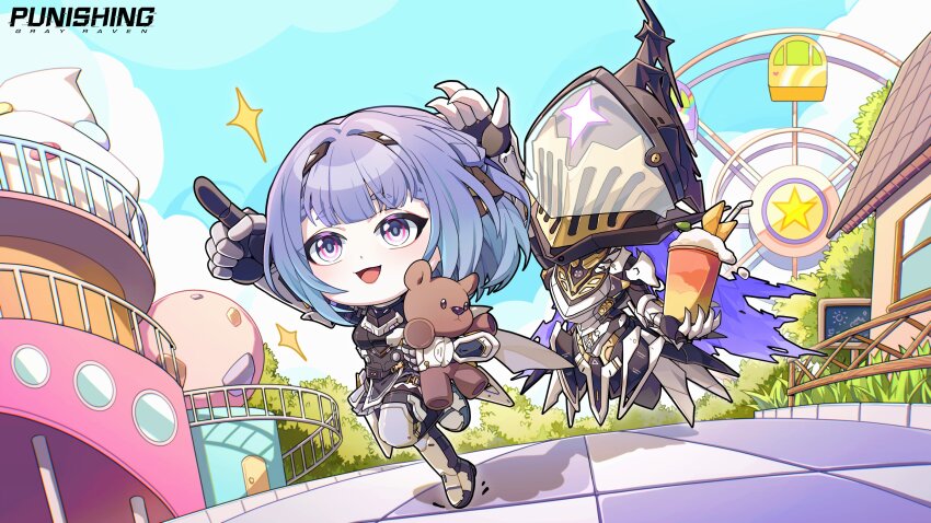absurdres alisa:_echo_(pgr) alisa_(pgr) blue_sky chibi drink female_focus ferris_wheel highres holding holding_drink official_art pointing punishing:_gray_raven sky solo solo_focus star twitter