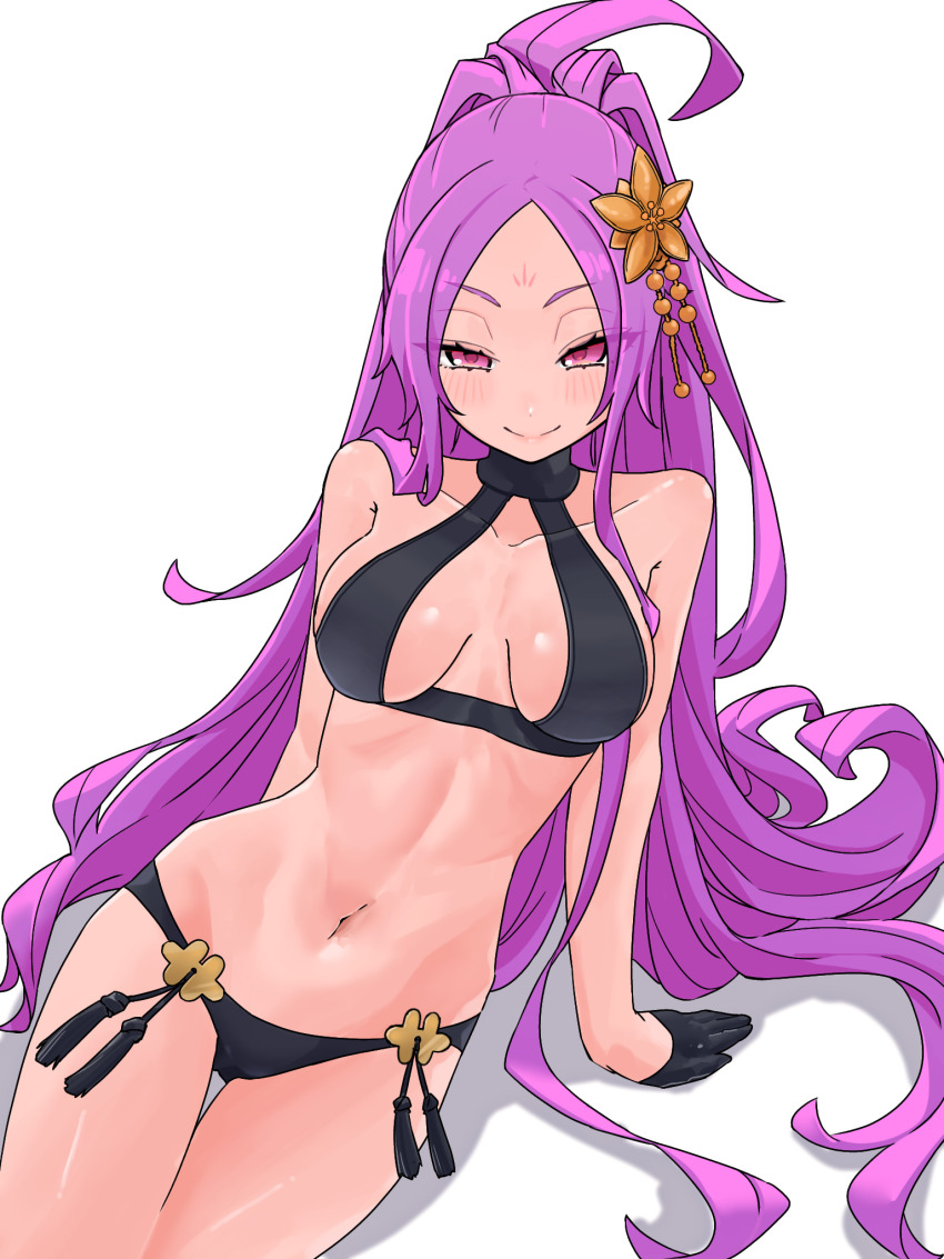 1girl bare_shoulders bikini black_bikini blush breasts cleavage collarbone facial_mark fate/grand_order fate_(series) flower forehead forehead_mark gloves hair_flower hair_ornament half_gloves highres long_hair looking_at_viewer medium_breasts navel niwaikanai parted_bangs ponytail purple_eyes purple_hair sitting smile solo swimsuit tassel textless_version thighs wu_zetian_(fate) wu_zetian_(swimsuit_caster)_(fate) wu_zetian_(swimsuit_caster)_(third_ascension)_(fate)