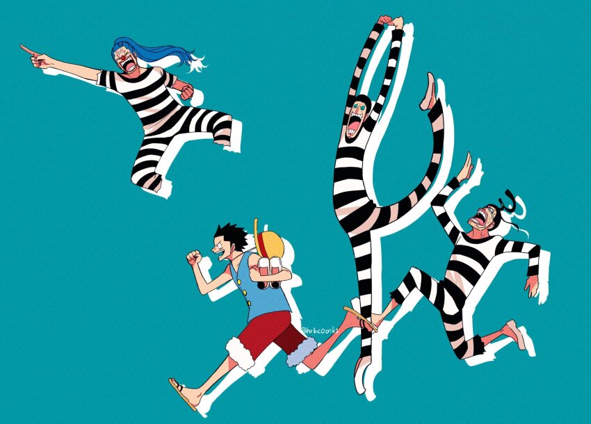 4boys aqua_background arms_up black_hair blue_hair bon_clay buggy_the_clown flying galdino hat highres hrkc0otk1 makeup male_focus monkey_d._luffy multiple_boys one_piece pointing ponytail prison_clothes red_nose red_shorts running short_hair shorts simple_background straw_hat twitter_username