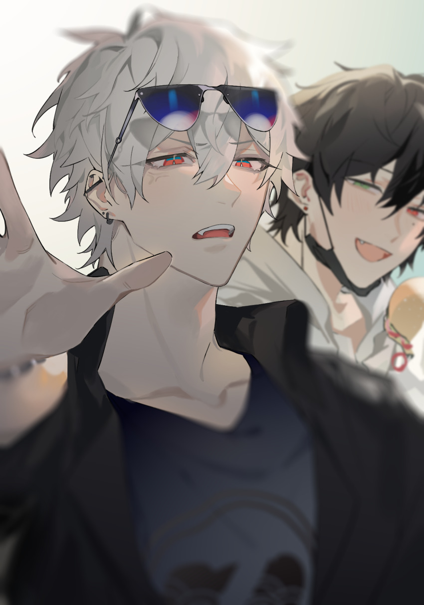 2boys :d aohitsugi_samatoki black_hair black_jacket black_shirt blue_shirt blurry blush collarbone depth_of_field ear_piercing earrings eyewear_on_head fang green_eyes hair_between_eyes hand_up heterochromia highres hood hoodie hypnosis_mic jacket jewelry looking_at_viewer male_focus mask mask_pull mole mole_under_eye mouth_mask multiple_boys open_clothes open_jacket open_mouth piercing red_eyes shirt short_hair shuiyiyaogong simple_background smile solo_focus sunglasses upper_body white_background white_hair white_hoodie yamada_ichiro yaoi