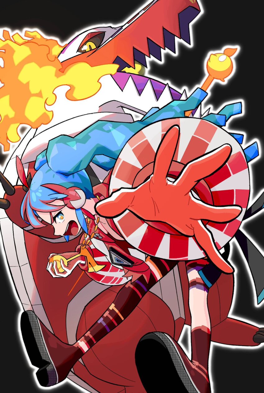 1girl ahoge blue_eyes blue_hair commentary_request crocodilian fire fire_bird_(skeledirge) fire_miku_(project_voltage) hatsune_miku highres jacket jewelry keeno-ringo46 long_hair long_sleeves multicolored_hair multicolored_jacket necklace nintendo open_mouth orange_pupils pokemon pokemon_(creature) project_voltage puffy_long_sleeves puffy_sleeves red_hair red_jacket skeledirge streaked_hair teeth twintails two-tone_hair two-tone_jacket upper_teeth_only vocaloid white_jacket