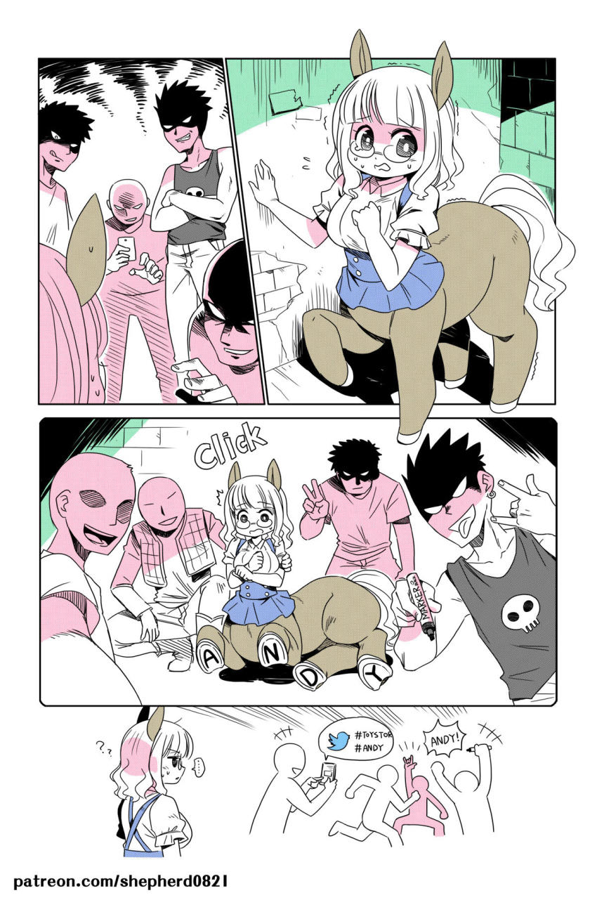 1girl 4boys ^^^ breasts centaur comic glasses highres large_breasts marker monster_girl multiple_boys original scared shepherd0821 taur toy_story twitter_logo vandalism