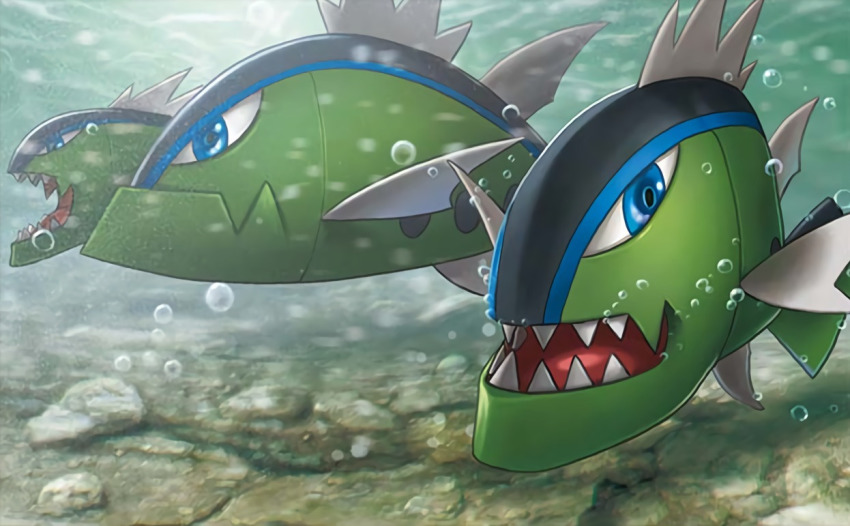 animal_focus basculin basculin_(blue) blue_eyes bubble commentary creature english_commentary fish gen_5_pokemon nintendo no_humans official_art pokemon pokemon_(creature) pokemon_tcg satoshi_nakai sharp_teeth swimming teeth third-party_source underwater water