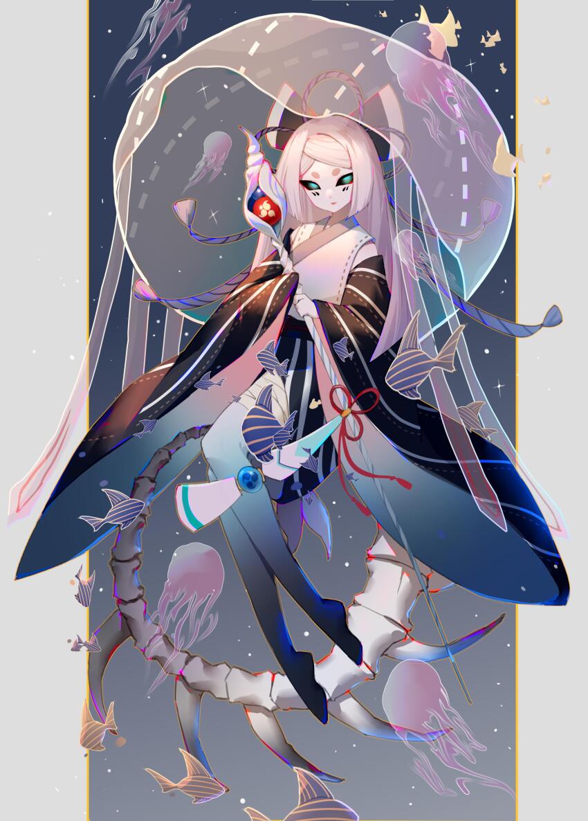 1girl absurdres bakekujira bandaged_leg bandages barefoot black_bow black_kimono black_sclera blue_background bow colored_sclera dark_skin expressionless fish fish_skeleton full_body gradient_skin grey_background hair_bow highres holding holding_staff japanese_clothes jellyfish kimono long_hair long_sleeves official_alternate_costume onmyoji pale_skin sea_snail short_eyebrows solo sparkle staff striped_clothes striped_kimono two-tone_background vertical-striped_clothes vertical-striped_kimono white_hair wide_sleeves yi_er_san