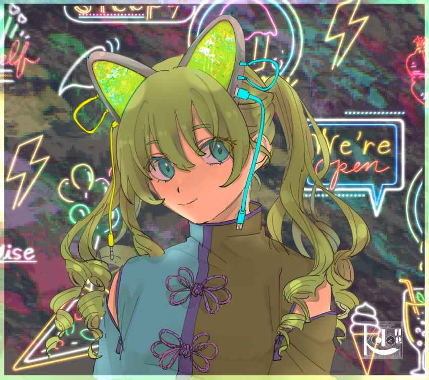1girl alcohol animal_ears blue_eyes cable closed_mouth cupcake detached_sleeves english_text eyelashes fake_animal_ears food glitch green_hair grus_(vrchat) hair_between_eyes kotone0220 lightning_bolt_symbol long_hair long_sleeves mosaic_background neon_lights pizza smile solo speech_bubble twintails vrchat zipper