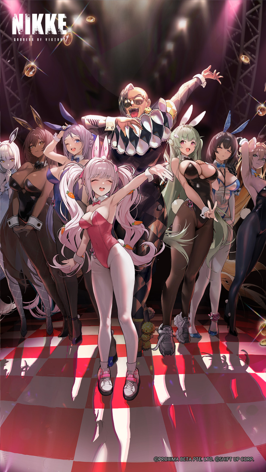 1boy 6+girls alice_(nikke) alice_(wonderland_bunny)_(nikke) animal_ears bare_shoulders black_bow black_bowtie black_hair black_leotard blanc_(nikke) blue_bow blue_bowtie bow bowtie braid breasts brown_hair closed_eyes dark-skinned_female dark_skin detached_collar fake_animal_ears fishnet_pantyhose fishnets folkwang_(moist_rabbit)_(nikke) folkwang_(nikke) goddess_of_victory:_nikke hair_ornament highres lanyard large_breasts leotard long_hair mary_(medical_rabbit)_(nikke) mary_(nikke) medium_breasts multiple_girls mustang_(nikke) noir_(nikke) official_art official_wallpaper open_mouth pantyhose pink_bow pink_bowtie pink_leotard playboy_bunny rabbit_ears rupee_(nikke) rupee_(rabbit_deluxe)_(nikke) small_breasts smile soda_(nikke) soda_(twinkling_bunny)_(nikke) strapless strapless_leotard very_long_hair white_hair white_leotard white_pantyhose wrist_cuffs yellow_eyes
