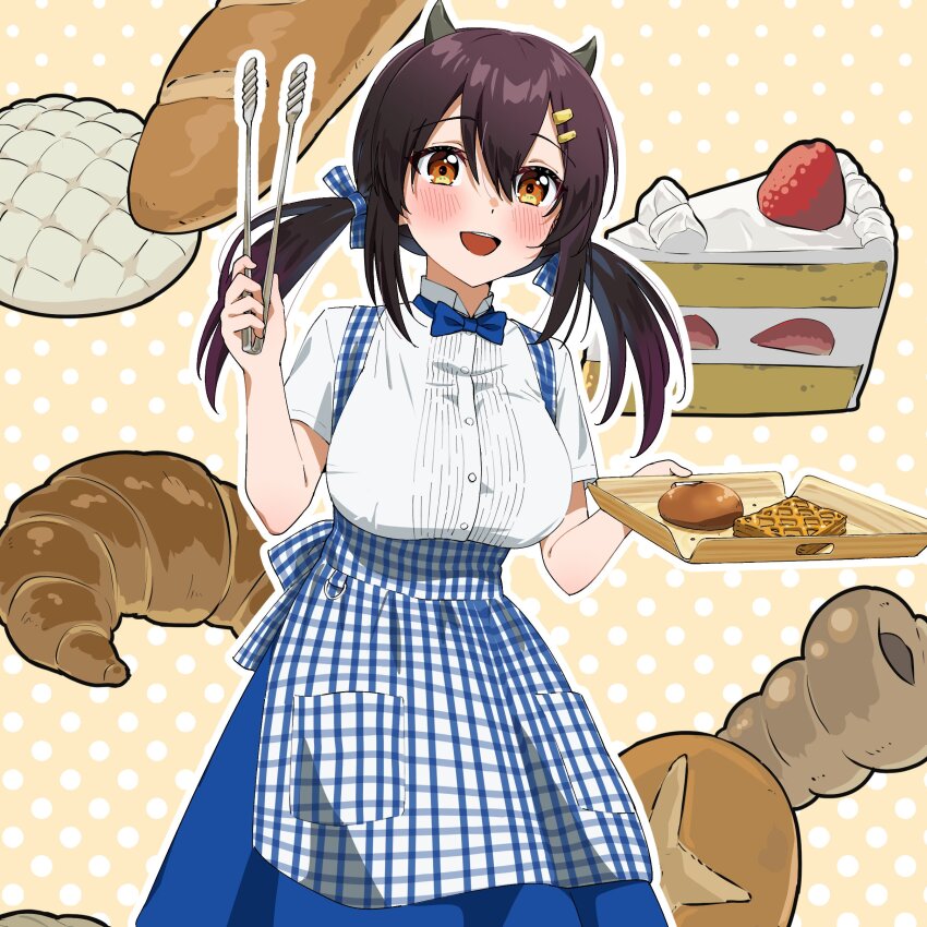 1girl absurdres apron azur_lane baguette black_hair blue_apron blue_bow blue_bowtie blue_ribbon blue_skirt blush bow bowtie bread cake cake_slice checkered_apron checkered_clothes checkered_ribbon commission croissant dr._gero_(staedtler_0508) food fruit hair_between_eyes hair_ornament hair_ribbon hairclip hands_up highres holding holding_tongs holding_tray horns low_twintails medium_hair melon_bread nagara_(azur_lane) open_mouth orange_eyes pastry ribbon shirt short_sleeves skeb_commission skirt smile solo strawberry tongs tray twintails white_apron white_ribbon white_shirt