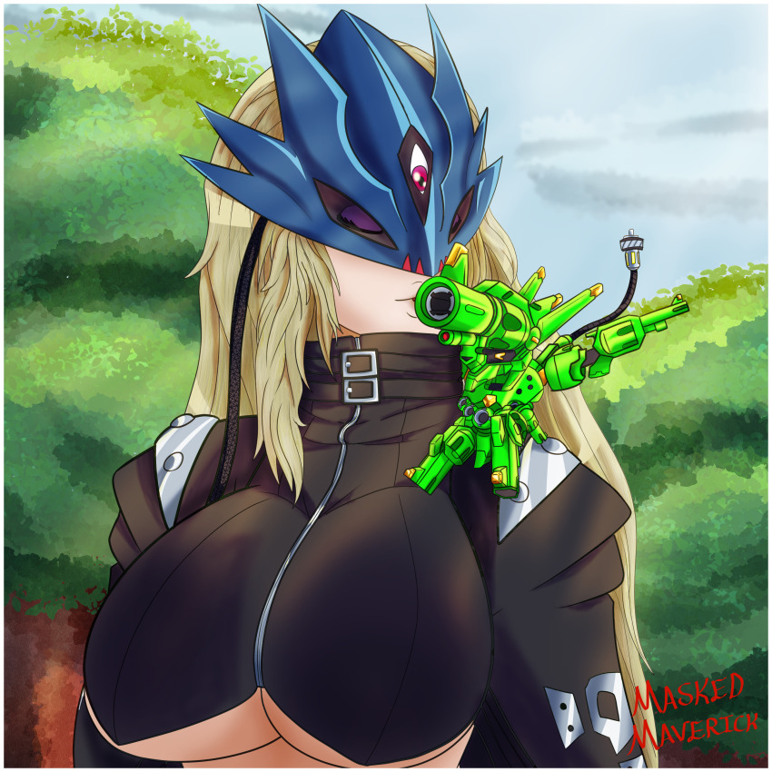 absurdres appmon beelstarmon belt breasts closed_eyes commentary digimon digimon_(creature) english_commentary forest gun handgun highres kiss long_hair mask maverick-creator nature revolver shotmon skull sky third_eye underboob weapon