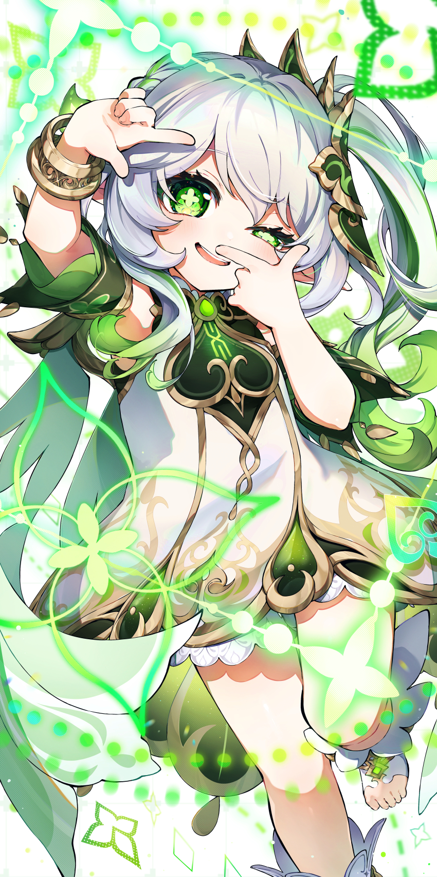 1girl absurdres ame_akira bloomers blush bracelet commentary_request cross-shaped_pupils dress finger_frame foot_out_of_frame genshin_impact gold_trim gradient_hair green_eyes green_hair hair_between_eyes half-closed_eye hands_up highres jewelry long_hair multicolored_hair nahida_(genshin_impact) parted_lips side_ponytail solo stirrup_legwear symbol-shaped_pupils toeless_legwear toes underwear white_bloomers white_dress white_hair