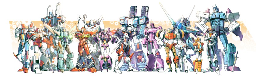 1girl 6+boys absurdres autobot badge brainstorm_(transformers) chromedome cyclonus decepticon drift_(transformers) fortress_maximus height_difference highres hot_rod_(transformers) insignia koch mecha megatron multiple_boys nautica_(transformers) overlord_(transformers) pharma ratchet_(transformers) rewind_(transformers) robot rodimus rung_(transformers) science_fiction sword the_transformers_(idw) transformers trepan ultra_magnus weapon whirl_(transformers)