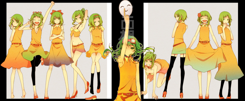 1girl alternate_hairstyle bad_id bad_pixiv_id barefoot black_pantyhose dress flower glasses green_eyes green_hair gumi hair_flower hair_ornament hairband hairclip highres juu_mensou_(vocaloid) leggings mask midriff multiple_persona naoto_(tulip) navel orange_dress orange_skirt pantyhose ponytail shoes short_hair single_shoe skirt thighhighs vocaloid zettai_ryouiki