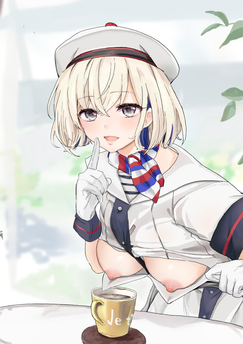 1girl absurdres ahshi_(yingchuan_songshu) blonde_hair blue_hair breasts breasts_out coffee coffee_maker coffee_mug colored_inner_hair cup gloire_(kancolle) gloves hat highres kantai_collection medium_breasts mole mole_on_neck mug multicolored_hair nipples no_bra short_hair short_sleeves solo upper_body white_gloves white_hat