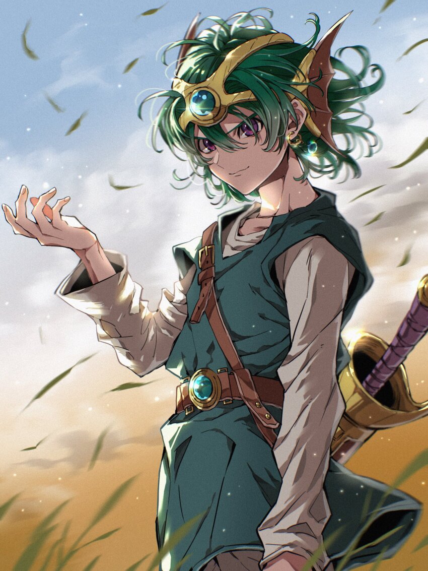 1boy aqua_tunic belt blurry closed_mouth commentary_request depth_of_field dragon_quest dragon_quest_iv earrings falling_leaves floating_clothes floating_earring floating_hair gold_headdress gradient_sky grass green_hair hair_between_eyes hero_(dq4) highres jewelry lapi267sc leaf looking_at_viewer male_focus medium_hair purple_eyes shirt sky smile solo sword sword_on_back tunic weapon weapon_on_back white_shirt