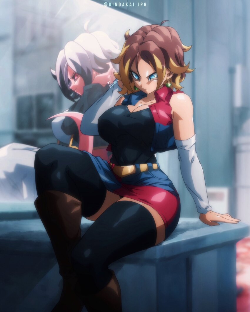 1girl android_18 android_21 artist_name belt black_hair black_sclera blonde_hair blue_eyes boots breasts brown_hair colored_sclera colored_skin detached_sleeves dindakai dragon_ball dragon_ball_fighterz dragon_ball_super dragon_girl earrings fusion hand_on_own_head highres jewelry large_breasts looking_back looking_down miniskirt mirror multicolored_hair multicolored_skirt multiple_persona pink_skin potara_earrings red_eyes reflection short_hair sitting skirt thick_thighs thighhighs thighhighs_under_boots thighs vest white_hair