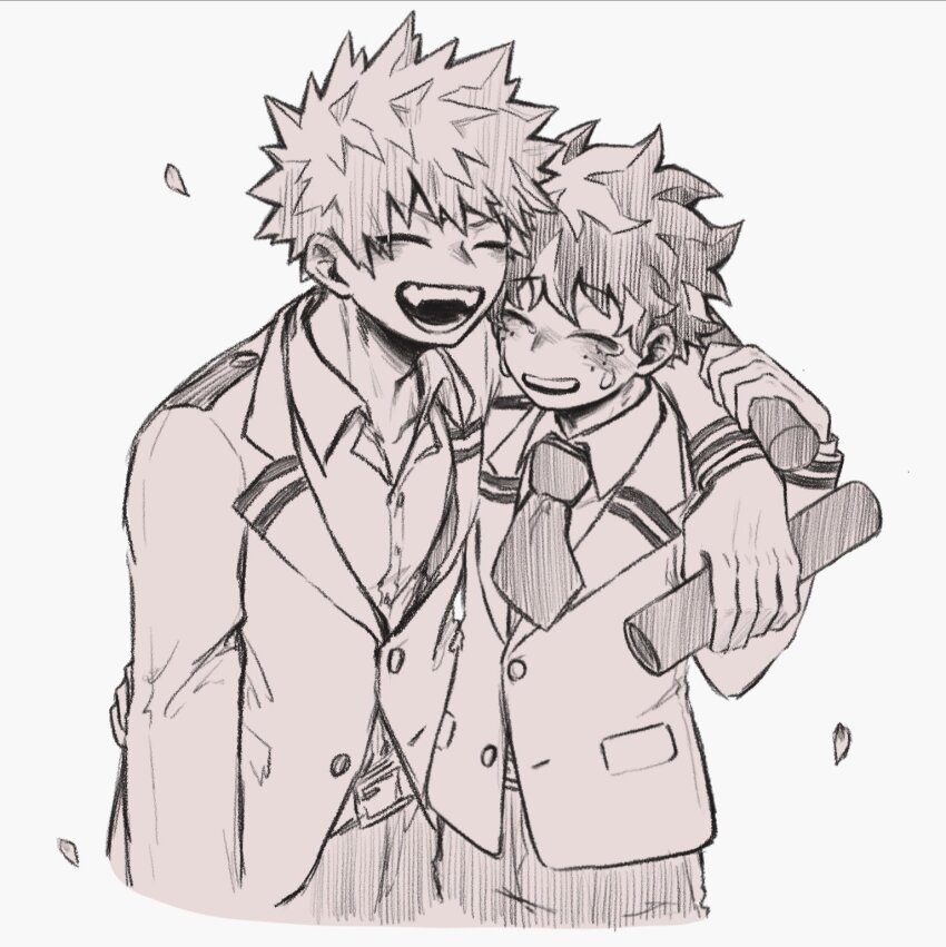 arm_around_shoulder arm_up baa_str bakugou_katsuki belt belt_buckle blush boku_no_hero_academia buckle closed_eyes collarbone collared_shirt commentary_request cropped_legs crying falling_petals freckles grey_background greyscale highres holding holding_tube jacket long_sleeves midoriya_izuku monochrome necktie open_collar open_mouth pants parted_bangs petals school_uniform shirt short_hair side-by-side simple_background suit_jacket tears teeth u.a._school_uniform upper_teeth_only wing_collar
