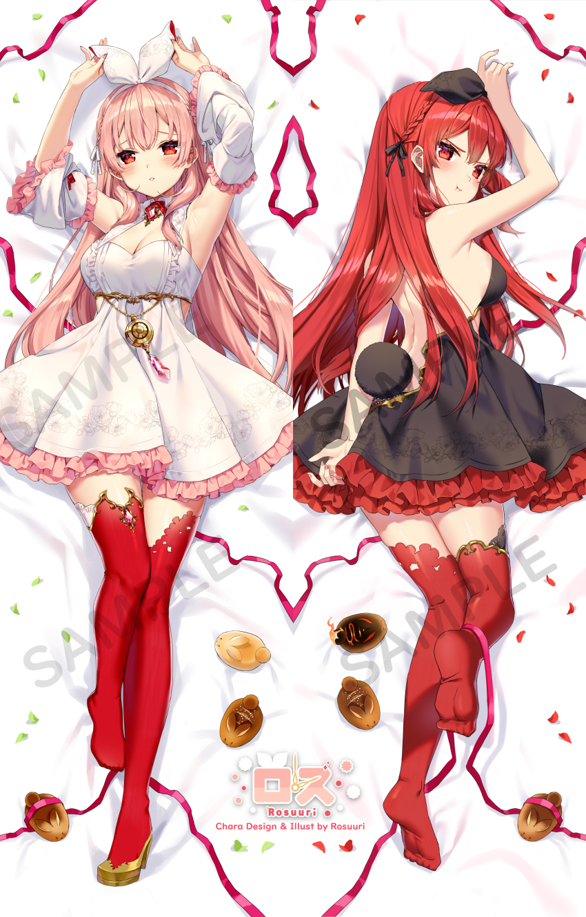 1girl :t absurdres arm_up armpits black_dress black_ribbon blush braid breasts brown_footwear cleavage closed_mouth commentary_request dakimakura_(medium) detached_sleeves dress frilled_sleeves frills hair_between_eyes hair_ribbon high_heels highres indie_virtual_youtuber long_hair long_sleeves medium_breasts multiple_views nail_polish no_shoes parted_lips pink_hair pink_nails pinku_(vtuber) pout red_eyes red_hair red_thighhighs ribbon rosuuri shoes single_shoe sleeveless sleeveless_dress soles thighhighs very_long_hair virtual_youtuber white_dress white_ribbon white_sleeves wide_sleeves