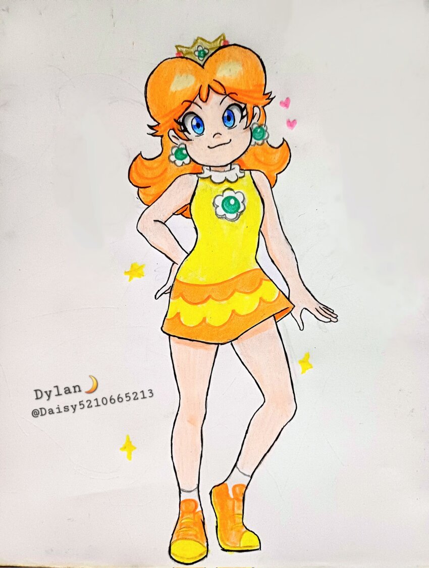 1girl :3 bare_legs brown_hair crown daisydylan06 dress highres legs mario_(series) mario_golf mario_golf:_world_tour nintendo orange_sneakers princess princess_daisy snakers socks sporty tomboy traditional_media white_socks yellow_dress