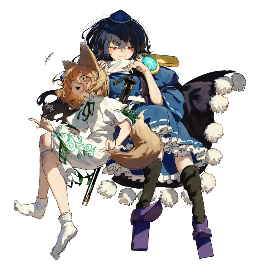2girls animal_ears ankle_socks black_hair black_socks blonde_hair blue_dress blue_hat blush closed_mouth commentary crossed_bangs crossed_legs dress fox_ears fox_girl fox_tail frilled_dress frills full_body gem geta green_ribbon hair_between_eyes hand_on_another&#039;s_head hat highres holding holding_tripod iizunamaru_megumu index_finger_raised invisible_chair kajatony kudamaki_tsukasa long_hair multiple_girls neck_ribbon no_shoes open_mouth pom_pom_(clothes) puffy_short_sleeves puffy_sleeves purple_shoes red_eyes ribbon ribbon-trimmed_dress ribbon-trimmed_sleeves ribbon_trim scarf shoes short_hair short_sleeves shoulder_guard simple_background sitting sleeve_ribbon slit_pupils smile socks tail tengu-geta tokin_hat touhou tripod white_background white_romper white_scarf white_socks wide-eyed wide_sleeves yellow_eyes