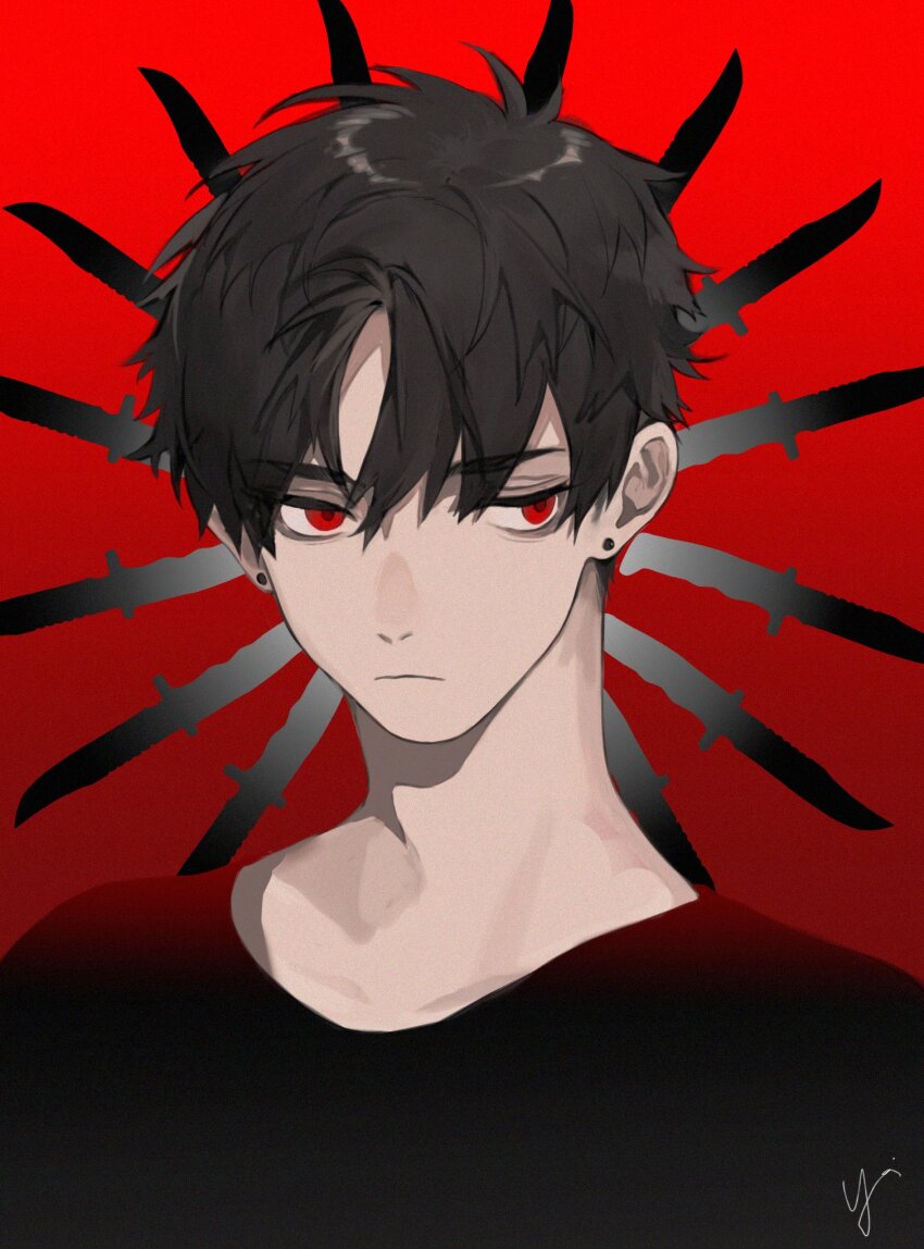 1boy bags_under_eyes black_hair black_shirt commentary curtained_hair earrings english_commentary fake_halo frown halo halo_behind_head highres jewelry knife looking_at_viewer male_focus multiple_weapons narrowed_eyes original portrait red_background red_eyes shirt short_hair simple_background solo stud_earrings yoimon
