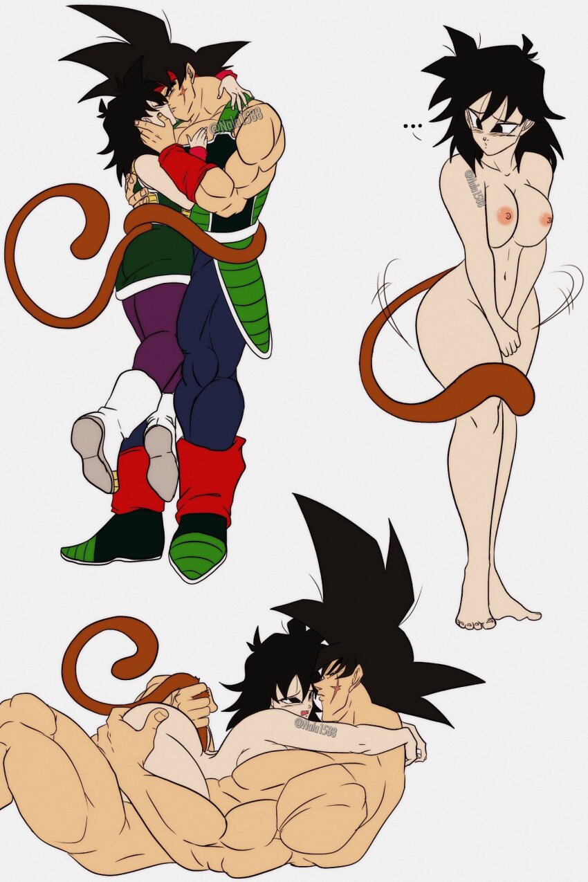 1boy 1girl ass bardock black_eyes black_hair blush breasts couple dragon_ball embarrassed gine grabbing_another&#039;s_ass grey_background groping highres hug husband_and_wife kiss muscular muscular_male nala1588 nipples saiyan scar scar_on_face tail thick_thighs thighs