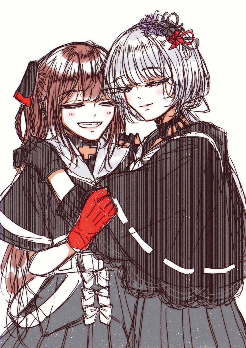 2girls arms_up assault_lily belt belt_buckle black_capelet black_choker black_flower black_gloves black_ribbon black_sailor_collar black_serafuku black_skirt blush bow braid braided_hair_rings brown_hair buckle capelet choker closed_eyes closed_mouth commentary cowboy_shot cropped_jacket fingerless_gloves flower gloves grey_hair grin hair_flower hair_ornament hair_ribbon hair_rings hand_on_another&#039;s_arm hand_up hands_on_another&#039;s_shoulders hands_up heads_together highres imai_seira lace-trimmed_capelet lace_trim light_particles long_hair long_sleeves low_ponytail multiple_girls neckerchief parted_lips pleated_skirt ponytail purple_flower red_flower red_gloves ribbon ribbon-trimmed_capelet ribbon_choker ribbon_trim sail_(clipper_67) sailor_collar school_uniform serafuku short_sleeves simple_background sketch skirt smile standing two-tone_ribbon underbust very_long_hair white_background white_belt white_bow white_neckerchief wide_sleeves yamaguchi_chihiro_(assault_lily) yuri yurigaoka_girls_academy_school_uniform