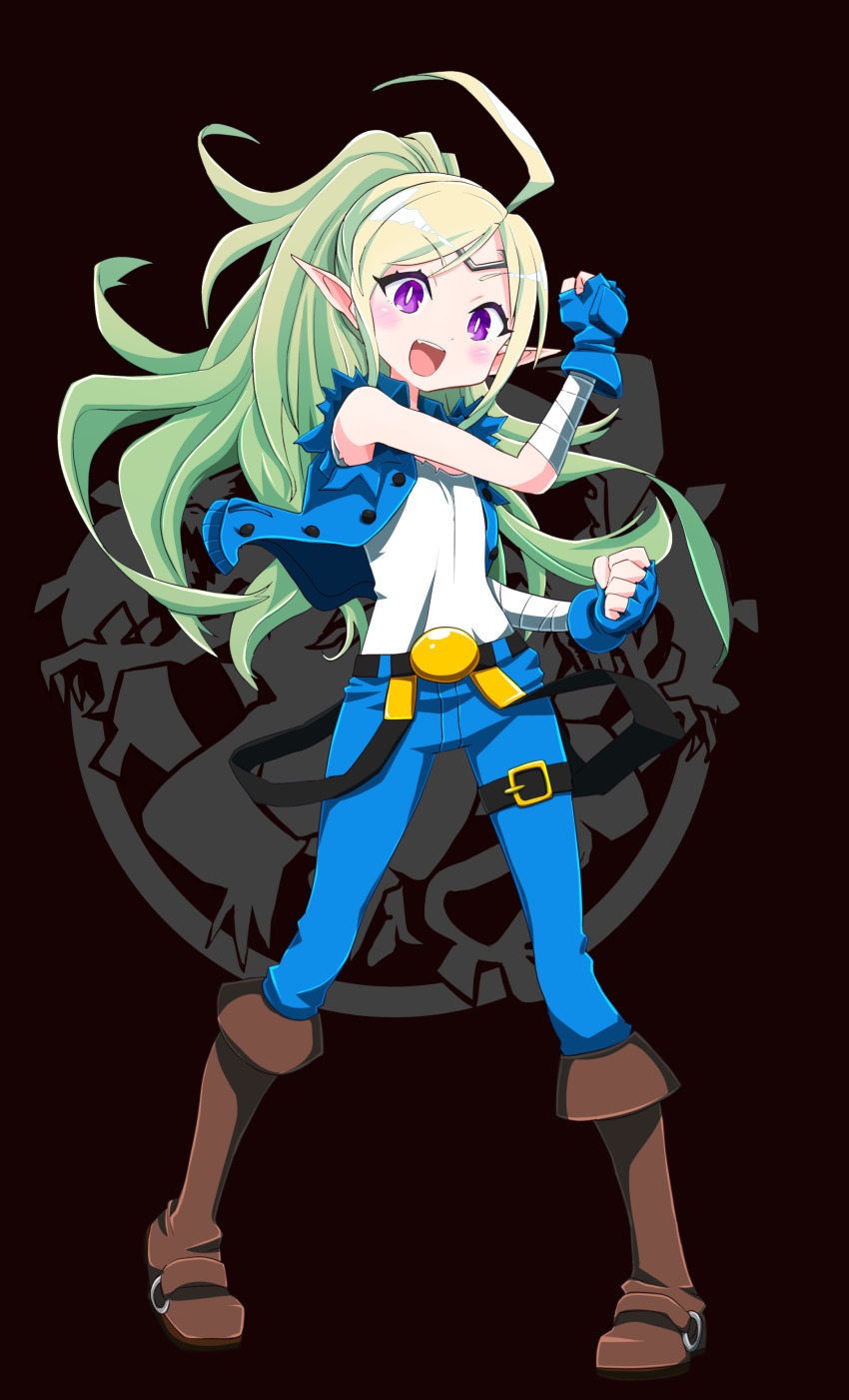 absurdres ahoge arm_wrap belt black_background blonde_hair boots circlet commission commissioner_upload cosplay double_dragon fire_emblem fire_emblem_awakening gloves green_hair highres kunio-kun_series nintendo non-web_source nowi_(fire_emblem) pointy_ears ponytail purple_eyes sakurajyousui_nami sleeveless sleeveless_jacket