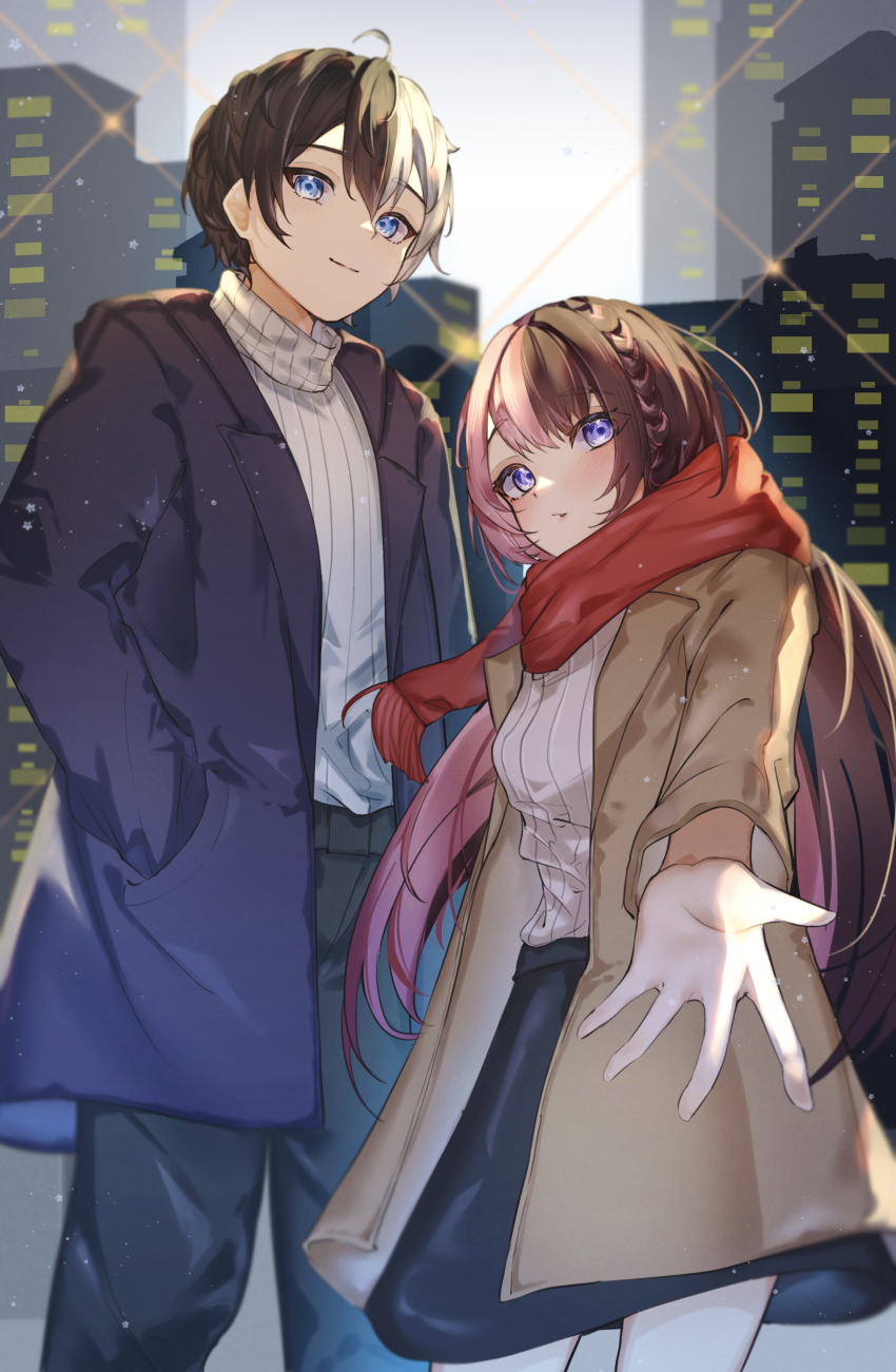 1boy 1girl absurdres alternate_costume black_hair black_pants black_skirt blue_coat blue_eyes blush braid brown_coat brown_hair city_lights cityscape coat hand_in_pocket highres indie_virtual_youtuber iris_black_games kamito_(vtuber) light_particles long_sleeves looking_at_viewer multicolored_hair outstretched_hand pants pink_hair red_scarf ribbed_sweater ringozeri scarf skirt smile split-color_hair standing sweater tachibana_hinano trench_coat turtleneck turtleneck_sweater virtual_youtuber vspo! white_hair white_sweater