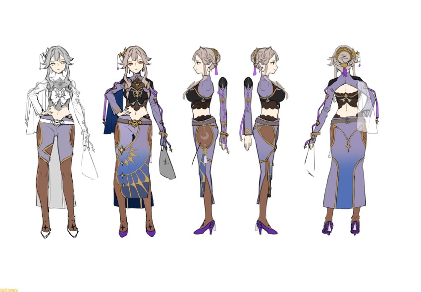 1girl atelier_(series) atelier_resleriana brown_pantyhose reference_sheet closed_mouth from_behind from_side full_body grey_hair hand_on_own_hip high_heels highres long_sleeves looking_at_viewer midriff multiple_views official_art orange_eyes pants pantyhose profile purple_footwear purple_pants purple_shirt saskia_(atelier) second-party_source shirt shoes sidelocks simple_background smile standing umiu_geso white_background