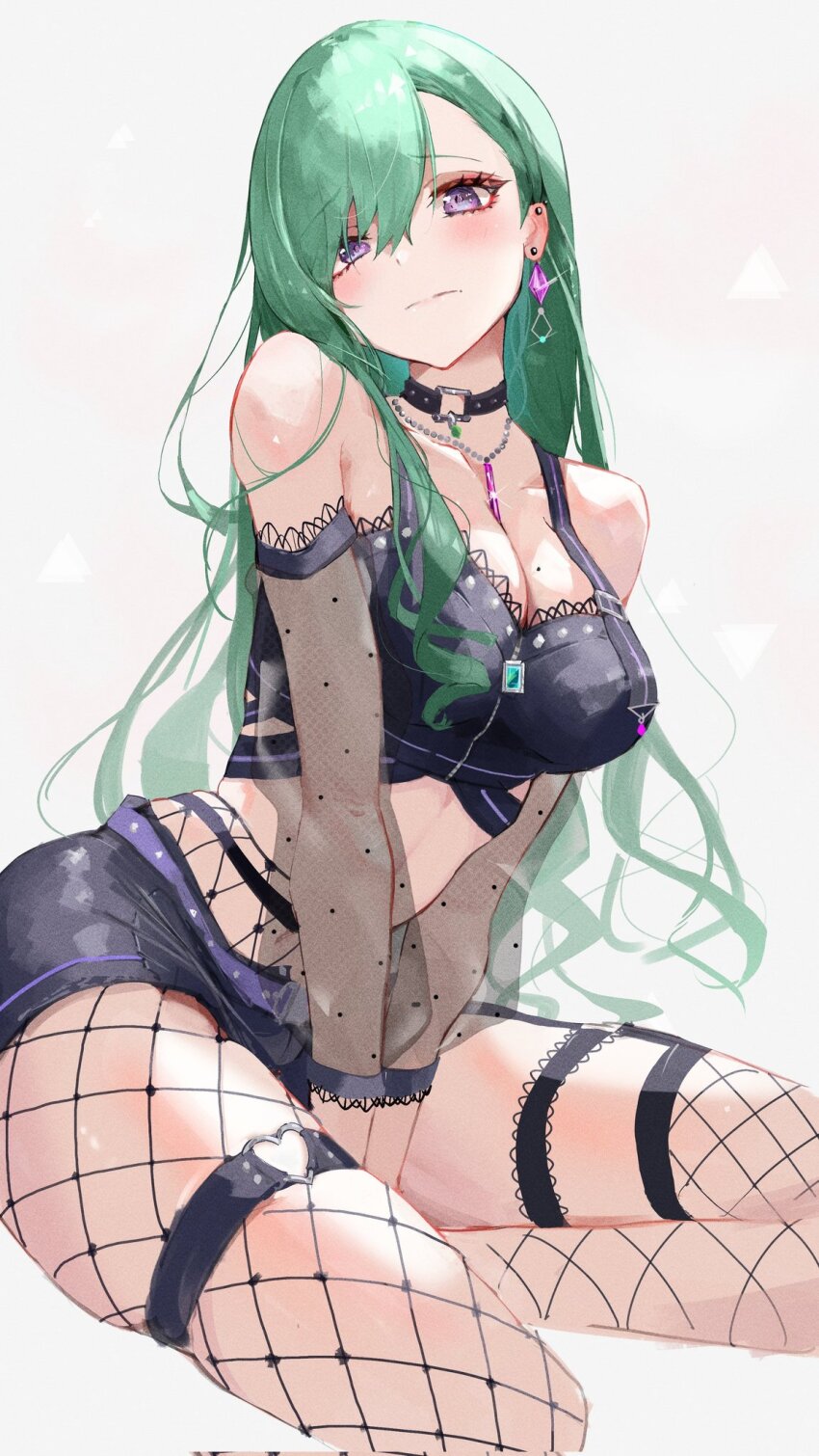 1girl asymmetrical_bangs asymmetrical_legwear bare_shoulders belt_collar black_shorts blush breasts choker cleavage closed_mouth collar commentary_request corrupted_twitter_file crop_top detached_sleeves ear_piercing earrings fishnet_pantyhose fishnet_thighhighs fishnets furrowed_brow garter_belt garter_straps glint green_hair hand_between_thighs heart heart_o-ring highres jewelry large_breasts legwear_garter long_hair long_sleeves looking_at_viewer menomeno_draw midriff_peek mole mole_on_breast necklace o-ring o-ring_thigh_strap pantyhose piercing purple_eyes see-through_clothes see-through_sleeves short_shorts shorts simple_background single_leg_pantyhose sitting solo strap_slip thigh_strap thighhighs virtual_youtuber vspo! yakumo_beni yakumo_beni_(1st_costume) yokozuwari