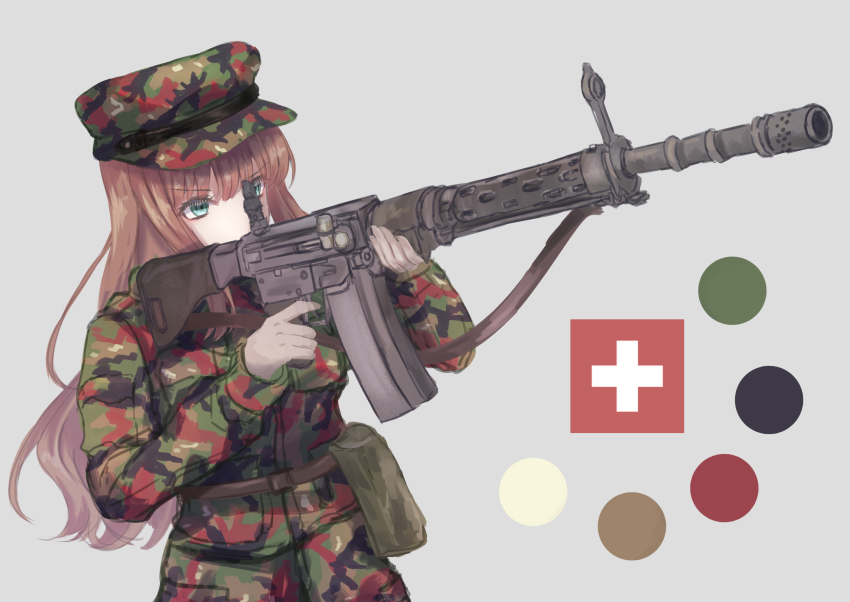 1girl absurdres aiming alternate_costume aqua_eyes barrel_shroud battle_rifle belt belt_pouch bipod blunt_bangs brown_hair camouflage camouflage_headwear camouflage_jacket camouflage_pants circle color_guide commentary commission cowboy_shot cross english_commentary field_cap finger_on_trigger flip-up_sight girls&#039;_frontline gloves greek_cross green_belt green_jacket green_pants grey_background grey_gloves gun gun_sling hat highres holding holding_gun holding_weapon jacket long_hair long_sleeves looking_ahead martinreaction military_combat_uniform military_fatigues military_hat military_jacket military_uniform multicolored_hat multicolored_jacket multicolored_pants pants pocket pouch rifle sig-510_(girls&#039;_frontline) sig_sg510 simple_background soldier solo swiss_flag switzerland utility_belt wavy_hair weapon woodland_camouflage