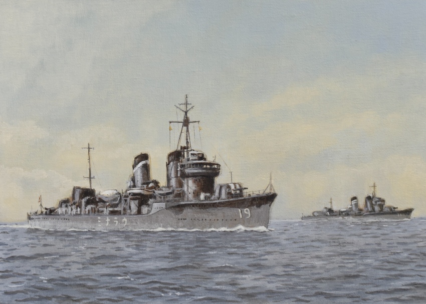 acrylic_paint_(medium) atelier_bono cannon destroyer flag highres imperial_japanese_navy mast military_vehicle ocean original painting_(medium) sailor ship ship_turret sky smoke smokestack traditional_media uranami_(destroyer) vehicle_focus warship watercraft yukikaze_(destroyer)