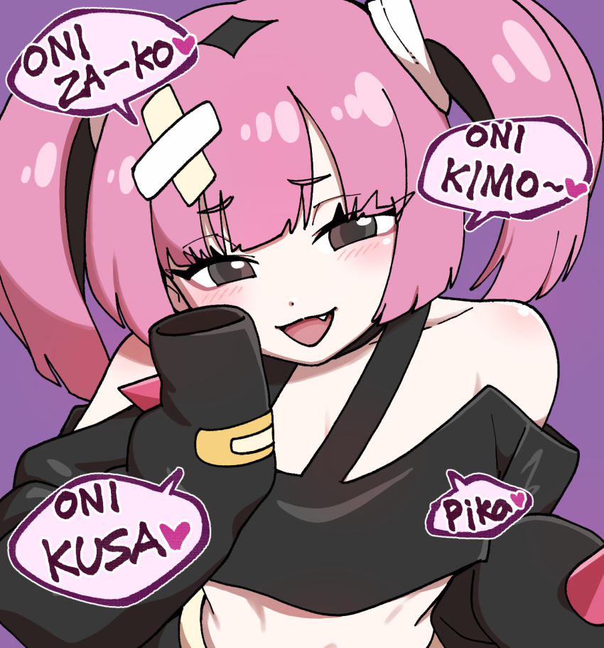 1girl :d black_shirt blush collarbone commentary_request coral_(pokemon) eyelashes fang hair_ornament hand_up highres long_sleeves mesugaki midriff nintendo nutkingcall off-shoulder_shirt off_shoulder open_mouth pink_hair pokemon pokemon_(anime) pokemon_horizons purple_background shirt simple_background sleeves_past_fingers sleeves_past_wrists smile solo speech_bubble twintails upper_body