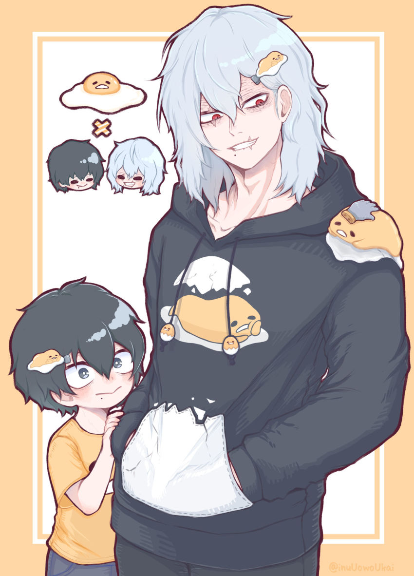 2boys :&gt; age_progression aged_down black_hair black_hoodie black_pants blush boku_no_hero_academia border character_hair_ornament character_print child commentary creature crossover disembodied_hand drawstring dual_persona egg eggshell grey_eyes grey_hair gudetama hair_between_eyes hair_ornament hand_on_another&#039;s_arm hands_in_pockets head_rest highres hood hood_down hoodie inukai_(inuuowoukai) long_sleeves looking_at_another lying medium_hair messy_hair mole mole_under_mouth multiple_boys on_stomach open_mouth outside_border pants print_hoodie red_eyes sanrio scar scar_across_eye scar_on_face scar_on_mouth shigaraki_tomura shirt short_hair short_sleeves simple_background smile standing time_paradox white_background yellow_border yellow_shirt