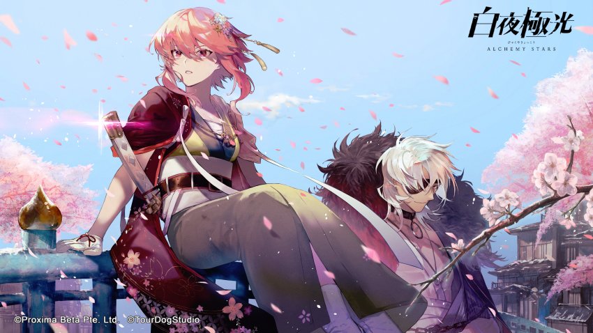 1boy 1girl absurdres alchemy_stars antique_firearm architecture artist_request bandaged_chest bandages cherry_blossoms choker coat coat_on_shoulders company_name copyright_name copyright_notice day east_asian_architecture eyepatch firearm firelock flintlock fur-trimmed_coat fur_trim gloves green_kimono gun hair_ornament highres hiiro_(alchemy_stars) japanese_clothes jewelry katana kimono long_hair looking_at_viewer necklace official_art outdoors parted_lips pink_eyes red_robe robe sash sitting sword tabi taki_(alchemy_stars) teeth tree weapon white_gloves white_hair