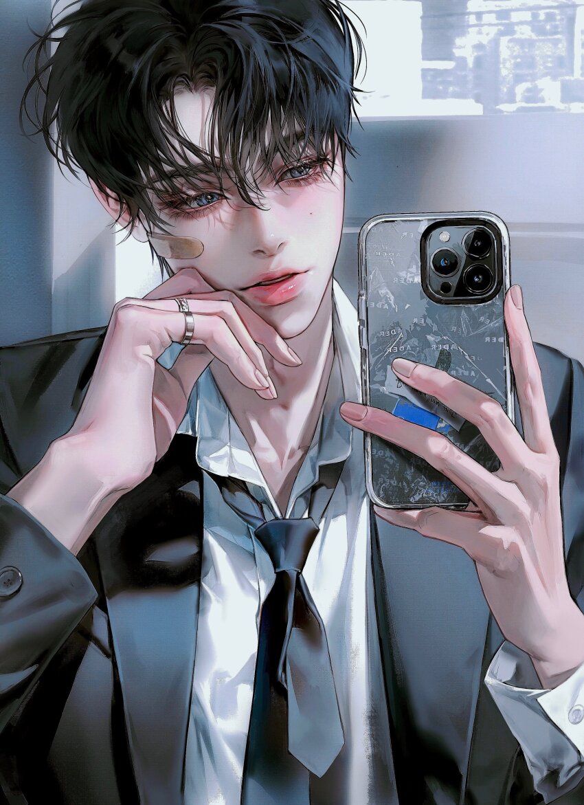 1boy absurdres aegyo_sal bandaid bandaid_on_face bare_shoulders black_jacket black_necktie black_suit blue_eyes blush eyes_visible_through_hair formal_clothes ha_ppy_0 hair_over_eyes hand_on_own_face highres holding holding_phone jacket jewelry looking_at_object looking_at_phone male_focus mirror_selfie mole mole_under_eye necktie original parted_bangs parted_lips phone ring selfie shirt solo suit teeth upper_body white_shirt